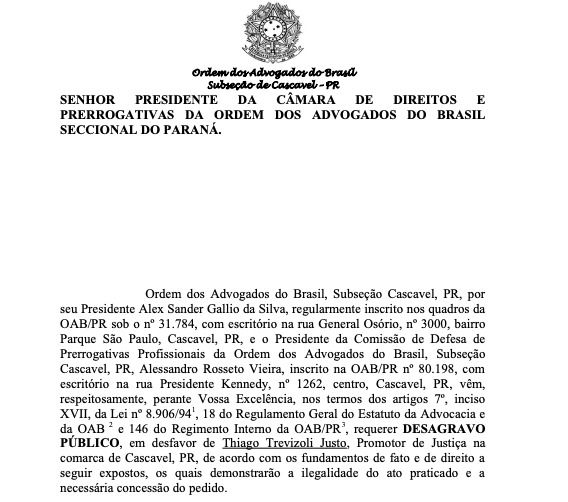 OAB Cascavel protocola pedido de desagravo público em desfavor de Promotor